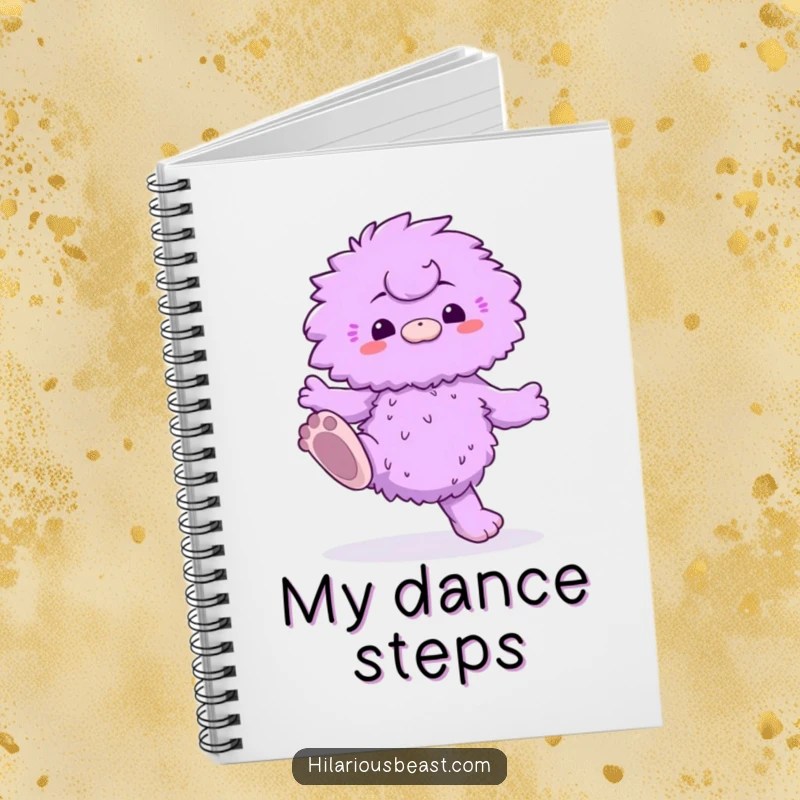 Funny notebook cover with a fluffy purple creature doing a silly dance with oversized feet, ideal for recording inspired thoughts humorously.