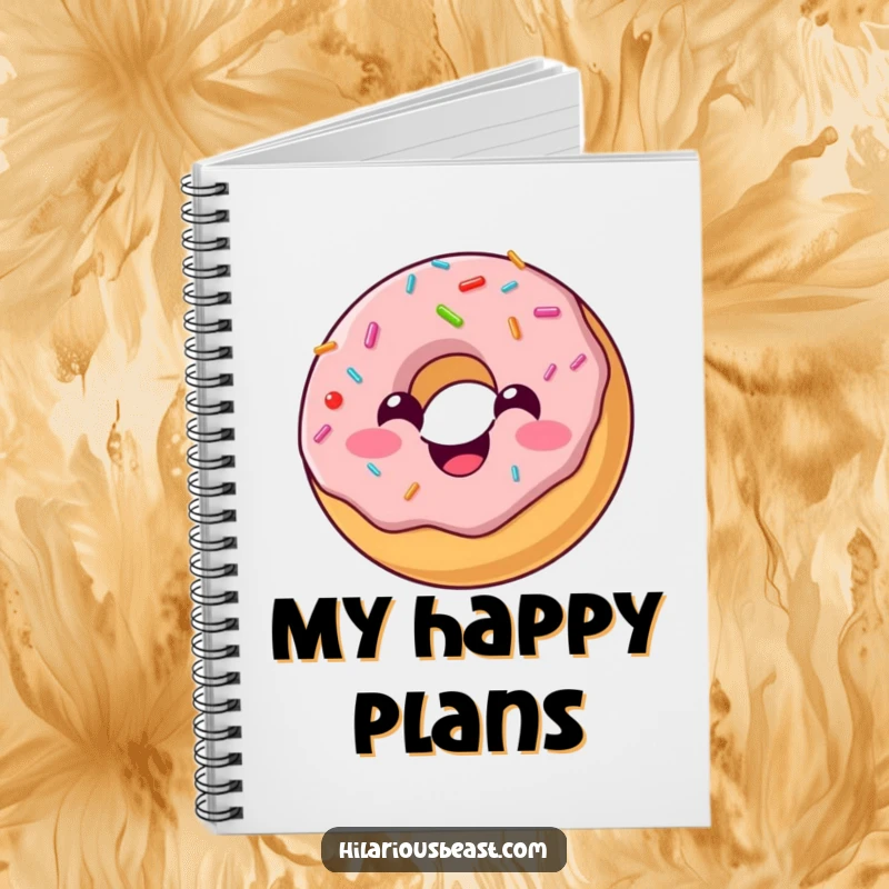 Funny notebook featuring a cheerful, round donut with sprinkles bouncing with joy, perfect for jotting down sweet ideas.