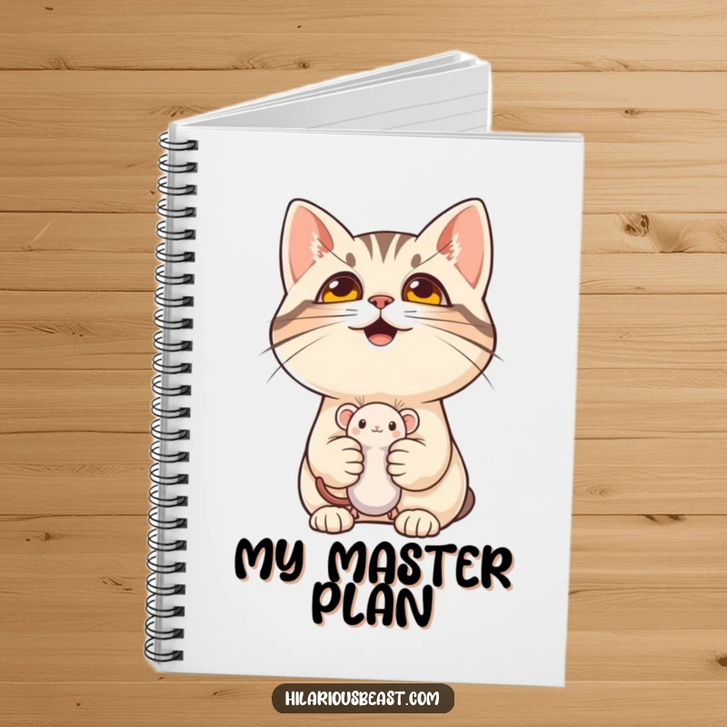 Funny cat holding a mouse toy on a notebook cover, ideal for writing and adding mischievous humor as a funny gift.
