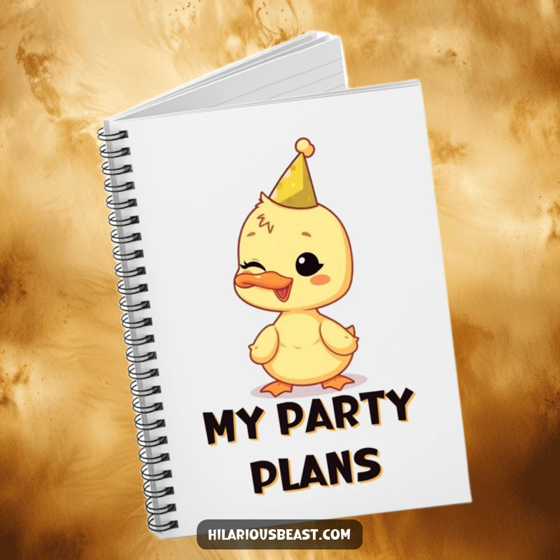 Funny duckling notebook, wearing a tiny party hat and winking, perfect for documenting playful thoughts.