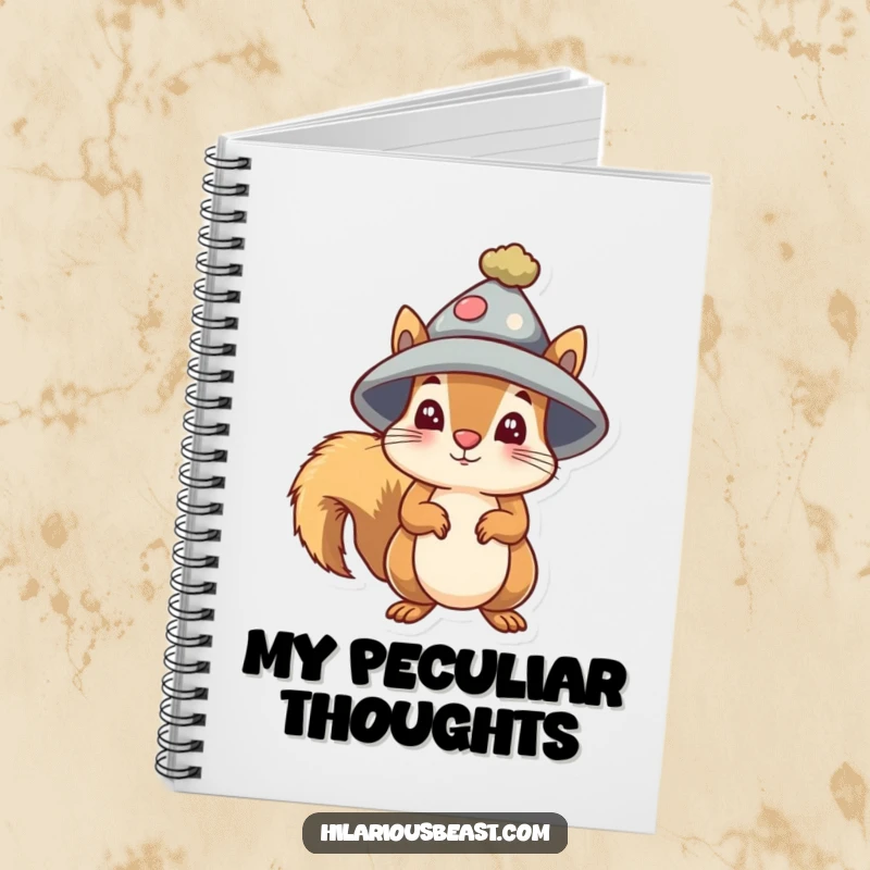 Funny small squirrel notebook wearing a silly oversized hat, looking comically bewildered.