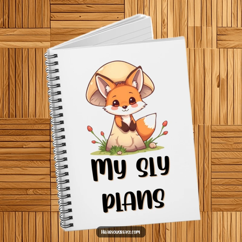 Funny mischievous fox cub peeking from behind a mushroom, open notebook, encouraging creative writing and secret note-taking.