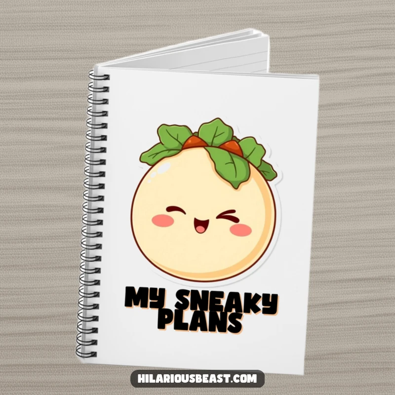Funny notebook featuring a happy, round taco character winking mischievously, perfect for jotting down humorous notes.