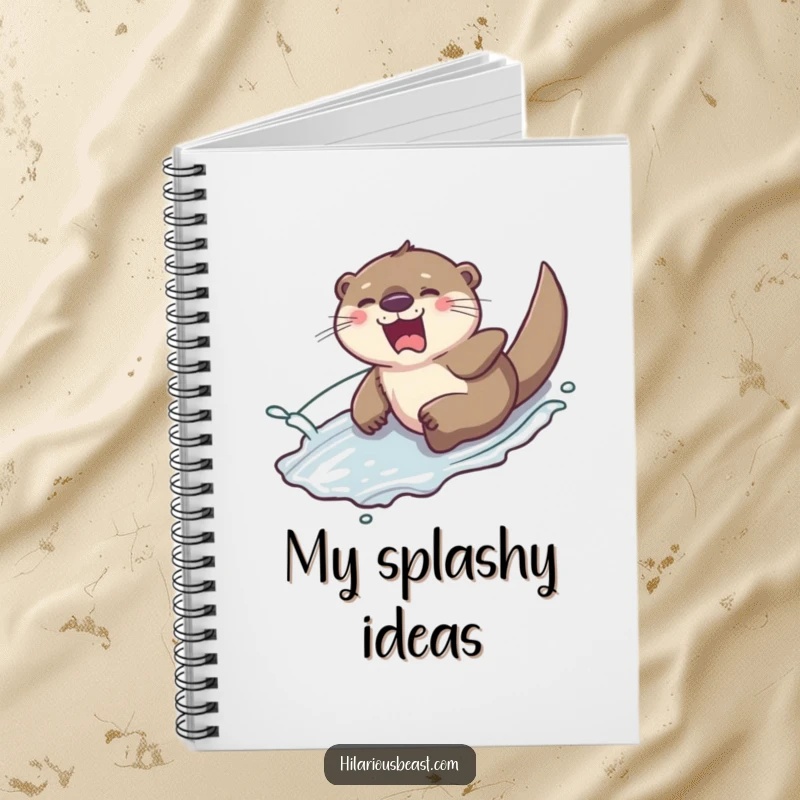 Funny giggling otter sliding down a slippery hill with a splash of water, on a notebook cover, perfect for jotting down cheerful thoughts.