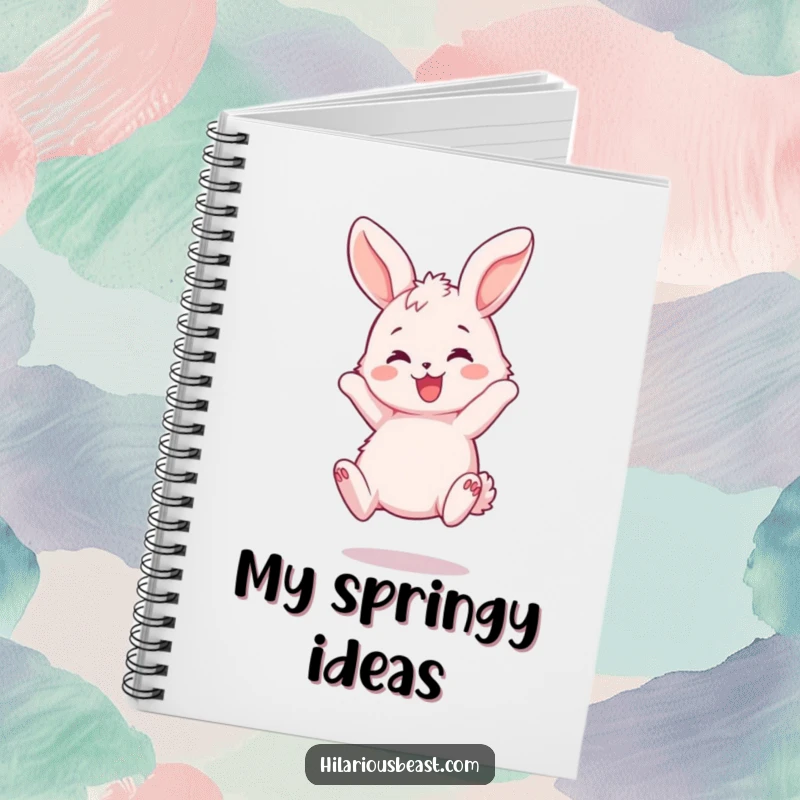 Funny Bunny Bouncing Notebook - A journal with a fluffy pink bunny joyfully bouncing, ears flopping playfully, ideal for writing happy notes.