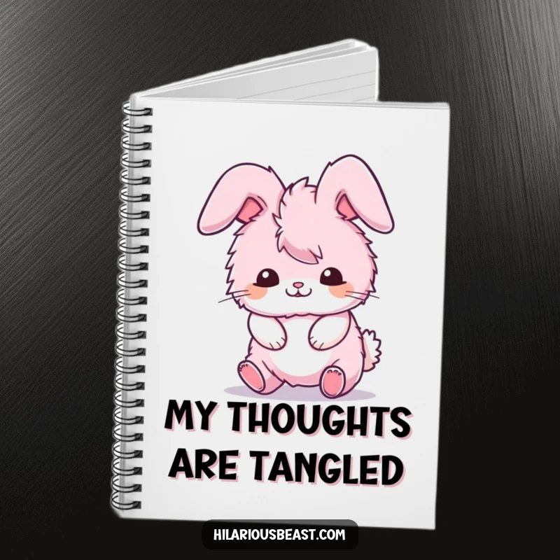Funny notebook cover with a fluffy pink bunny comically tripping over its own ears, a creative funny gift.