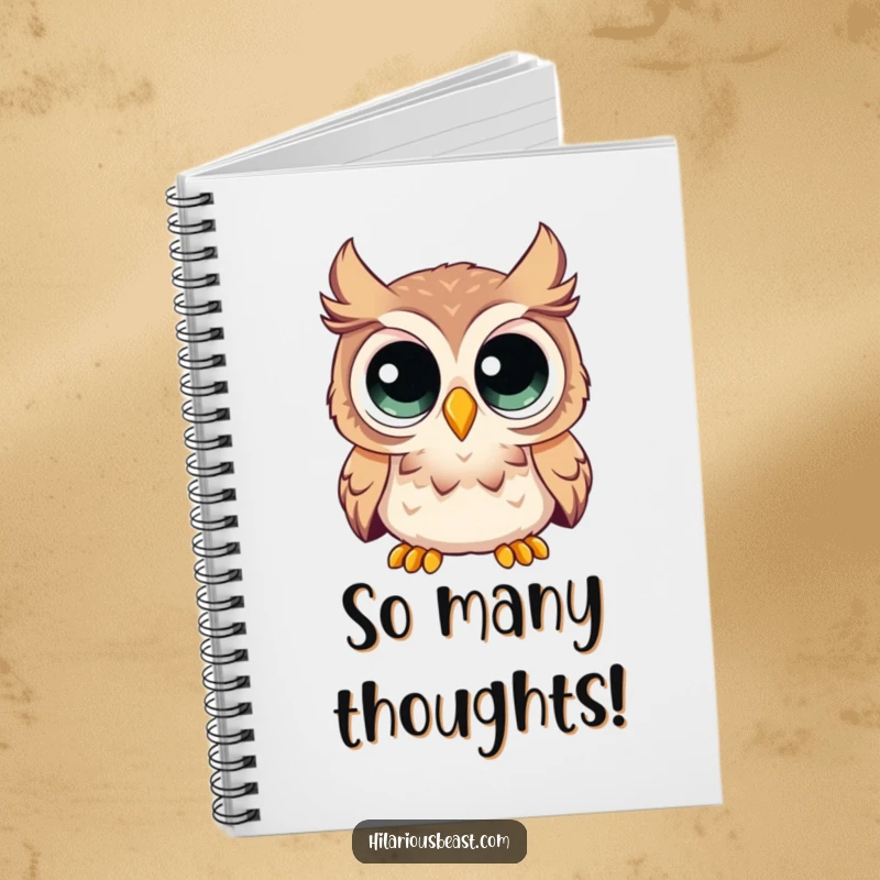 Funny notebook with a curious owl having enormous eyes looking comically surprised, perfect for jotting down curious thoughts.