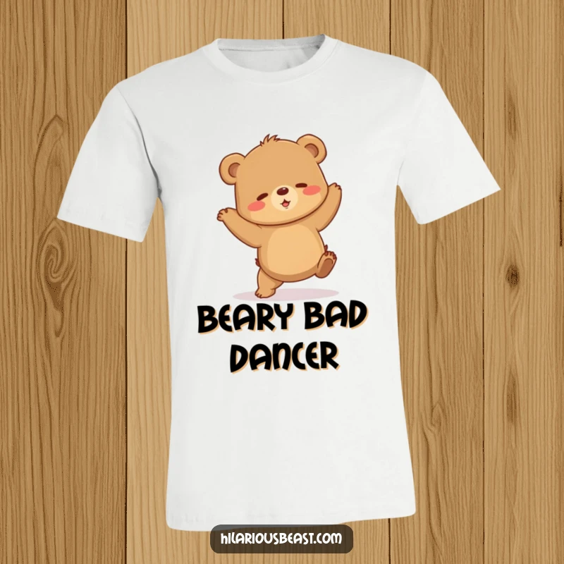 Funny brown bear cub t-shirt captured mid-shaky dance, looking endearingly clumsy and full of uncoordinated joy. A funny statement piece.