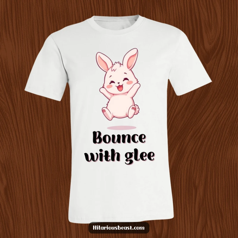 Funny Bunny Bouncing T-Shirt - A fluffy pink bunny joyfully bouncing, its ears flopping playfully, perfect for spreading happiness.