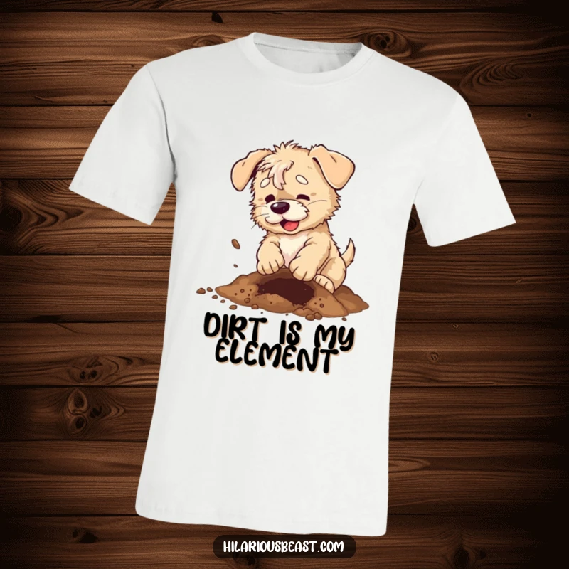 Funny scruffy puppy t-shirt, enthusiastically digging with dirt flying, showcasing a dog's playful spirit.
