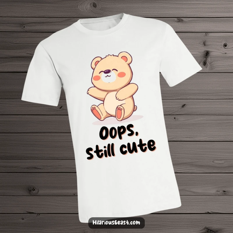 Funny Bear Cub T-Shirt: A sweet, clumsy bear cub trips hilariously, shown giggling with delight.
