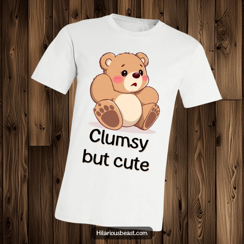 Funny small bear cub tripping over its own paws, looking bewildered, printed on a t-shirt, capturing a moment of sweet mishap.