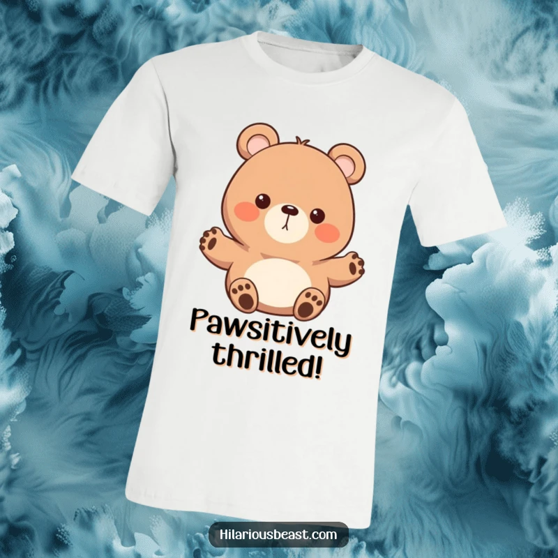 Funny round bear t-shirt, a character with tiny paws waving enthusiastically, showcasing a cheerful, friendly, and approachable vibe for a humorous gift.