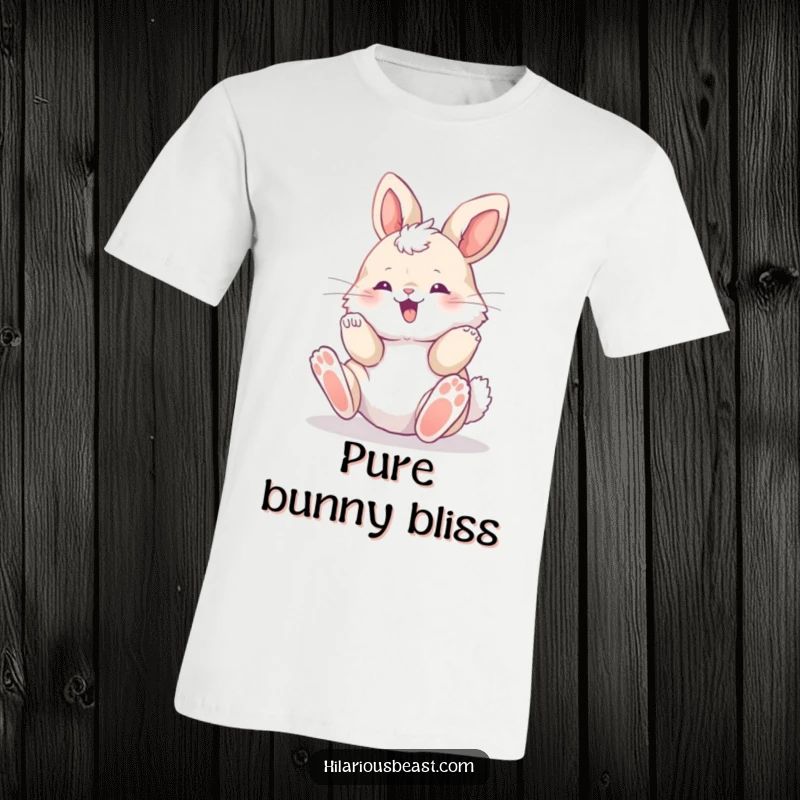 Funny fluffy bunny cub rolling joyfully, paws in the air, printed on a soft t-shirt, capturing a moment of carefree fun.