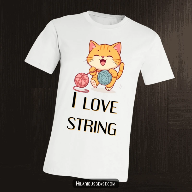 Funny t-shirt featuring a round orange cat joyfully chasing a bouncing yarn ball, a cute funny gift.