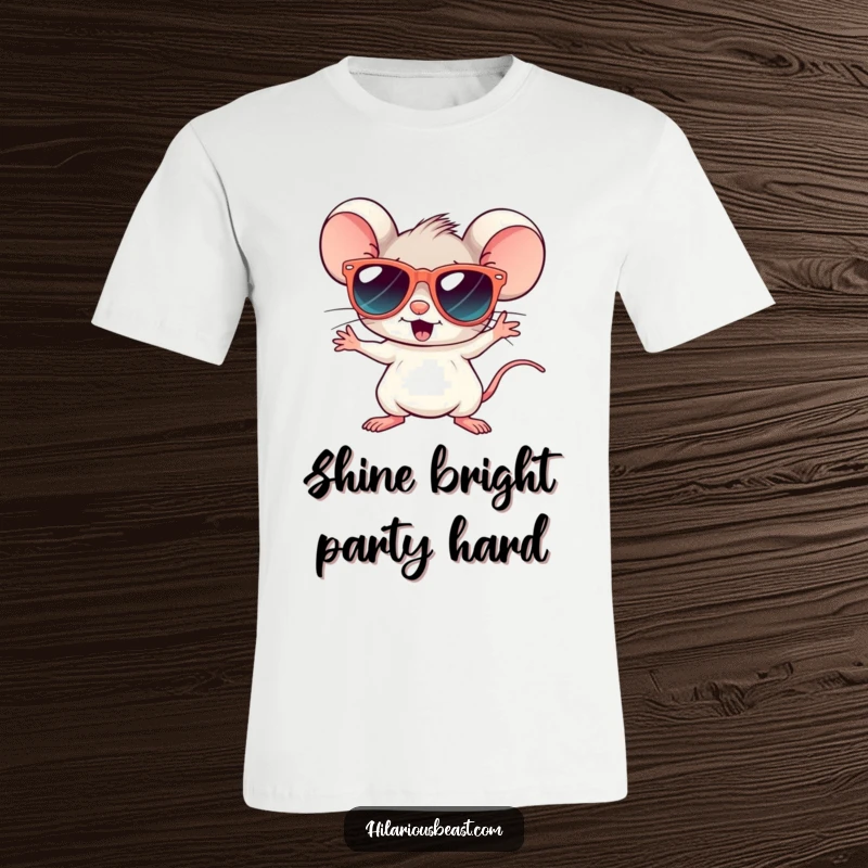 Funny t-shirt with a tiny mouse in cool sunglasses striking a playful disco pose, ready to hit the dance floor.