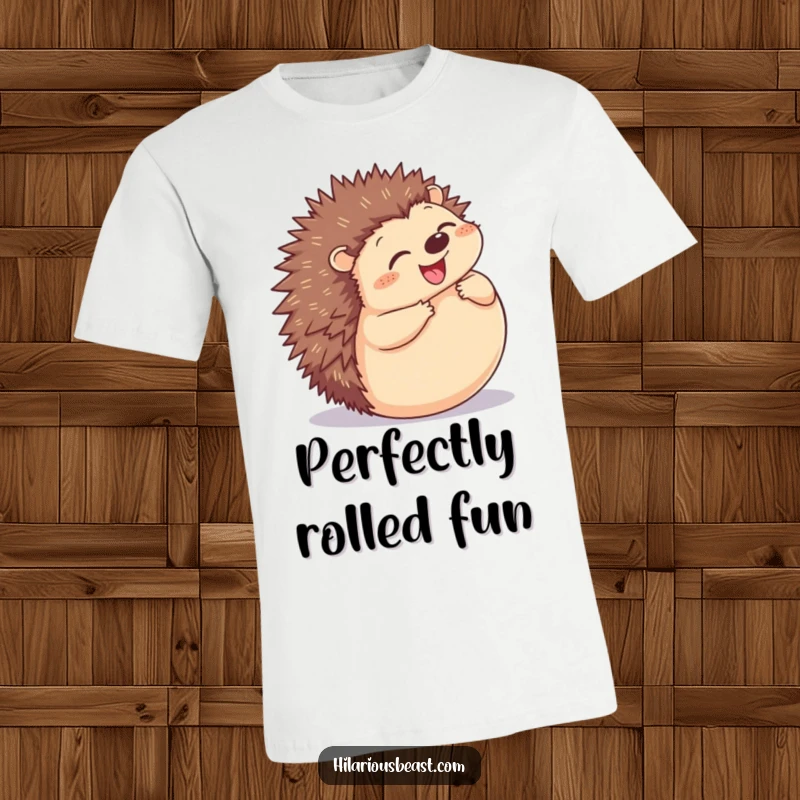 Funny Hedgehog T-Shirt: a happy, plump hedgehog grinning as it rolls into a joyful, spiky ball.