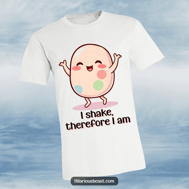 Funny t-shirt featuring a plump, wobbly jelly bean character caught mid-silly dance, radiating pure, unadulterated, humorous energy.