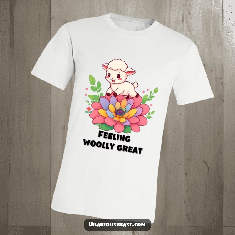 Funny cheerful sheep cub leaping over a colorful flower, printed on a t-shirt, capturing a moment of energetic delight.