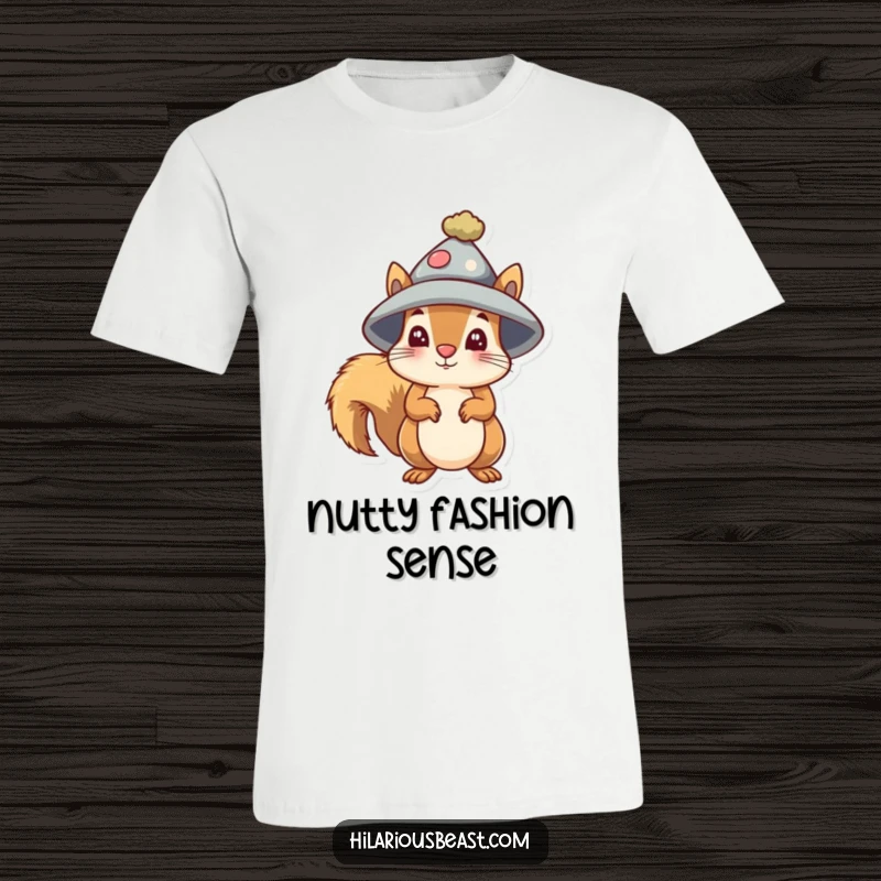 Funny small squirrel t-shirt wearing a silly oversized hat, eyes wide with a bewildered expression.