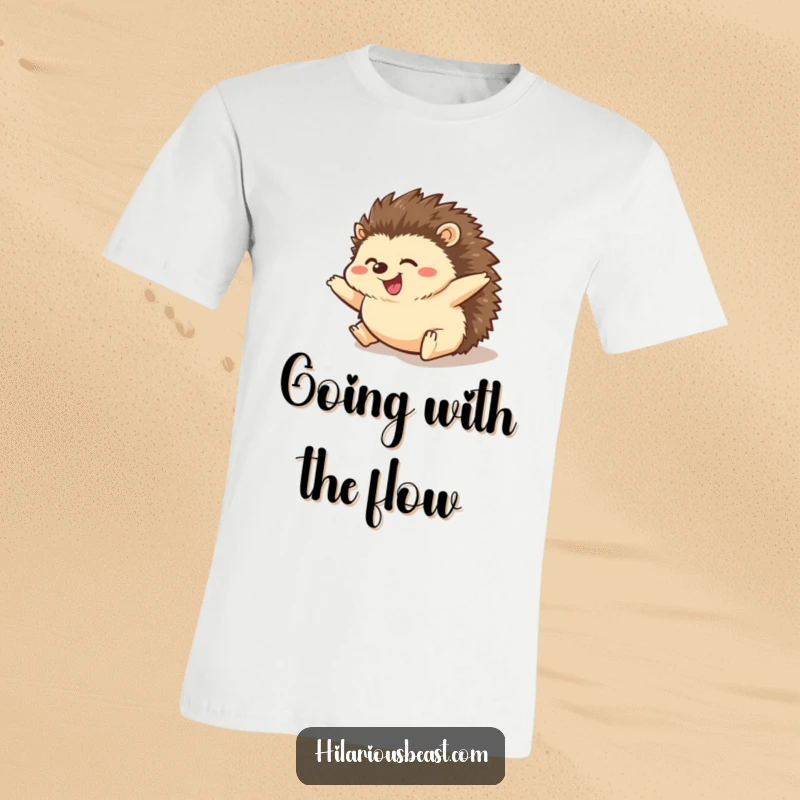 Funny hedgehog t-shirt designed with a chubby hedgehog joyfully rolling downhill, paws outstretched in a comical display of unrestrained glee.
