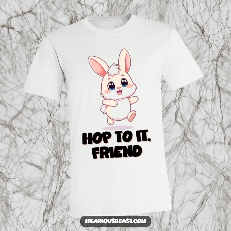Funny bunny t-shirt showing a fluffy rabbit joyfully hopping with its big ears flopping, expressing playful exuberance and happiness.
