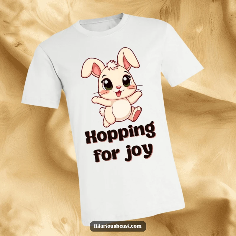 Funny cartoon bunny t-shirt featuring a bunny with large eyes, ears flopped forward, hopping with pure joy.
