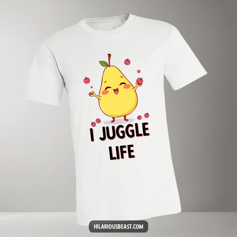 Funny t-shirt featuring a giggling, slightly lopsided pear character in the act of juggling tiny berries with cheerful concentration.