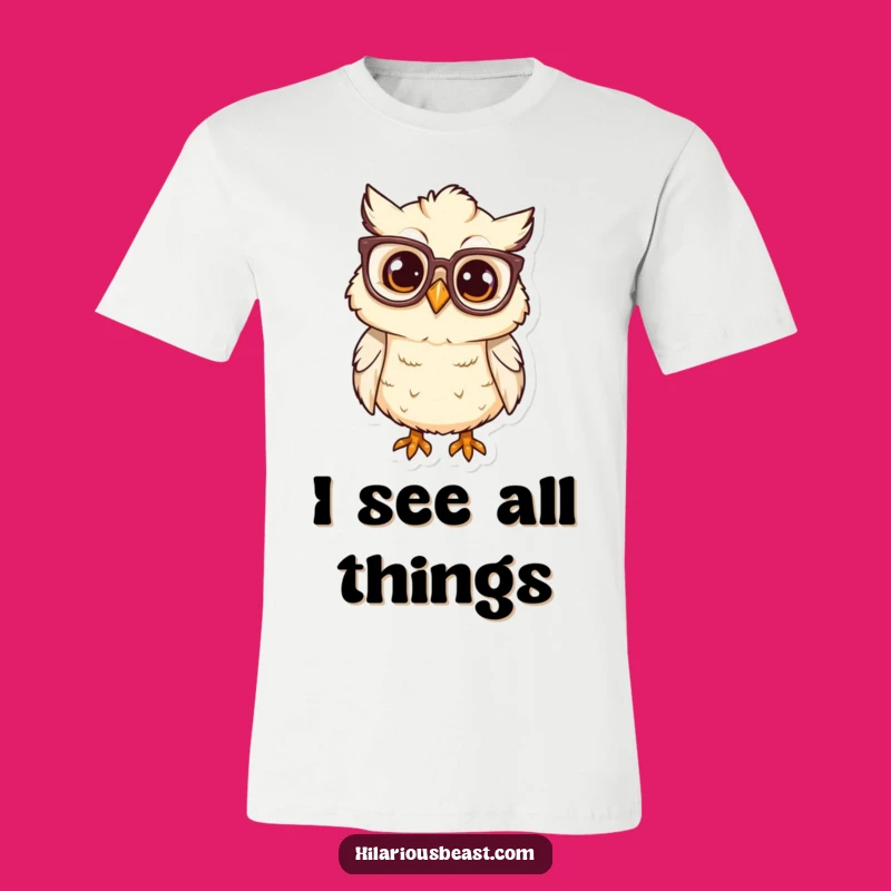 Funny Curious Owl Chick T-Shirt: Oversized Glasses Tee, Quirky Gift