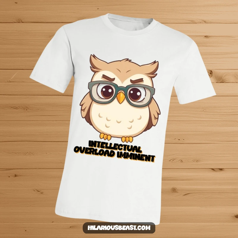 Funny confused owl wearing large glasses, tilting head, humorous t-shirt design for gift.
