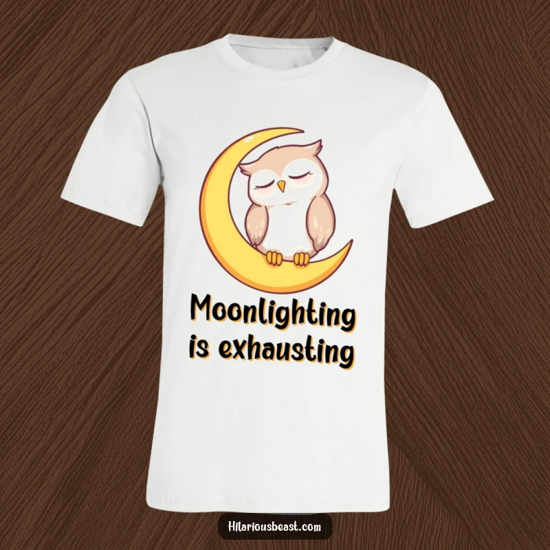 Funny sleepy owl t-shirt with a charming illustration of an owl dozing on a crescent moon, radiating peaceful slumber.