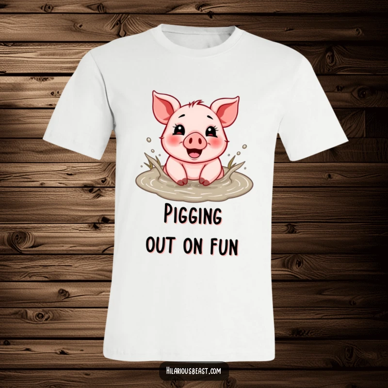 Funny t-shirt with a cheerful piglet joyfully splashing in a muddy puddle with pure glee.