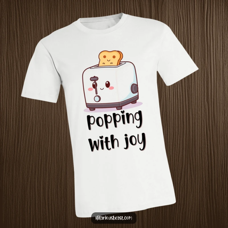 Funny t-shirt graphic of a square toaster with a happy expression, popping toast upwards with a spring, conveying breakfast cheer.