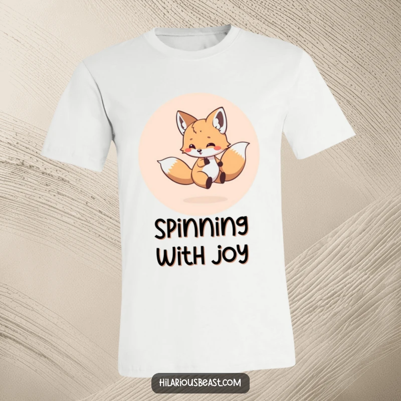 Funny t-shirt graphic of a small, round fox cub joyfully spinning in a circle, caught in the act of chasing its tail with gusto.