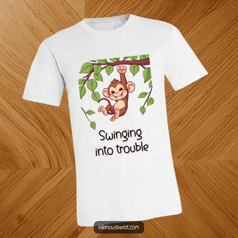 Funny t-shirt with a mischievous monkey swinging from a vine, sporting a wide, knowing grin.
