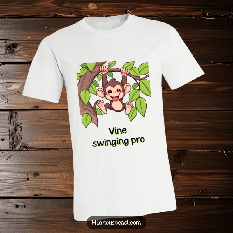 Funny T-Shirt depicting a mischievous monkey swinging effortlessly from a vine, a big, cheeky grin on its face.