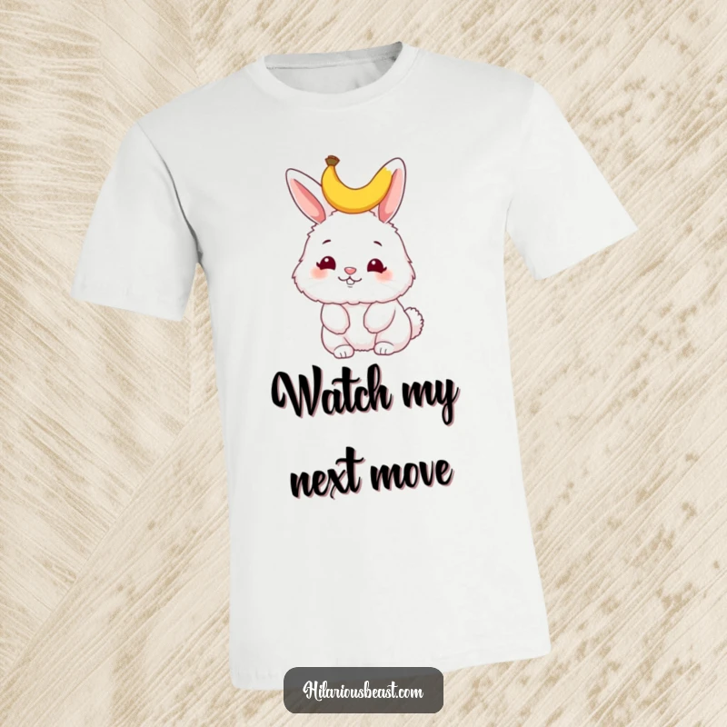 Funny bunny t-shirt, a fluffy bunny wiggling its nose with a tiny banana peel adorning its head, exuding playful mischief.