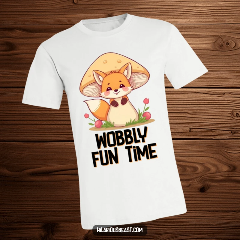 Funny giggling fox t-shirt showing a playful fox peeking from behind a wobbly mushroom, embodying woodland fun.