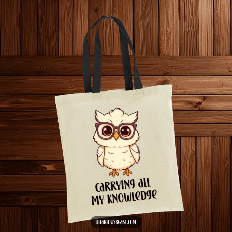 Funny owl chick with large glasses, tilting head curiously, eco-friendly tote bag, great gift.