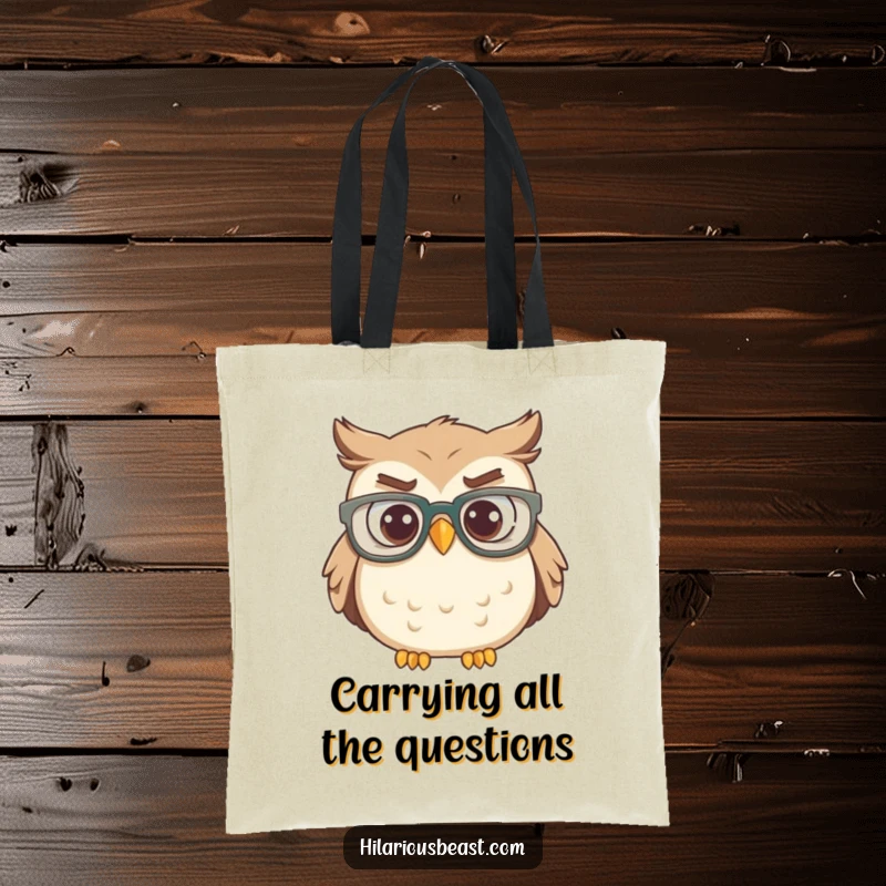 Funny owl with big glasses, head tilted in confusion, a humorous tote bag for shoppers.