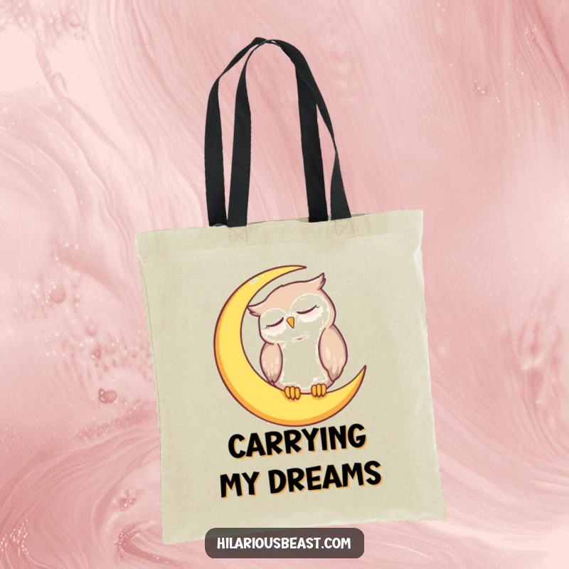Funny owl tote bag showcasing a serene, sleepy owl character perched on a crescent moon, ideal for carrying daily items.