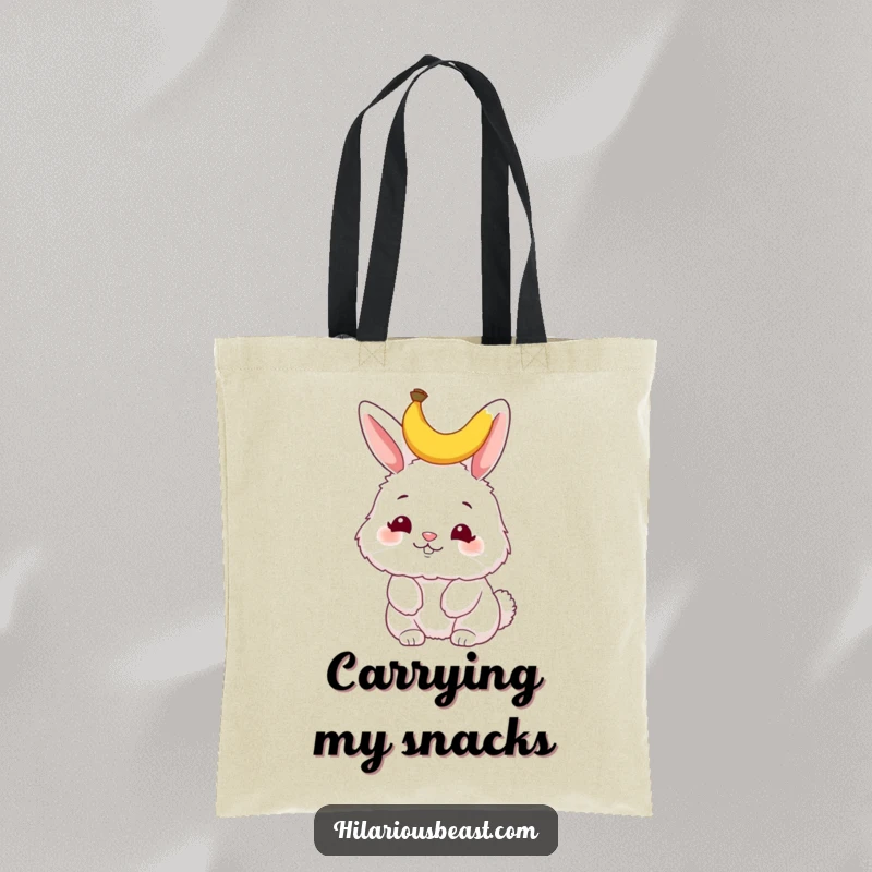 Funny bunny tote bag, a fluffy bunny wiggling its nose, with a tiny banana peel adorning its head, ready for whimsical adventures.
