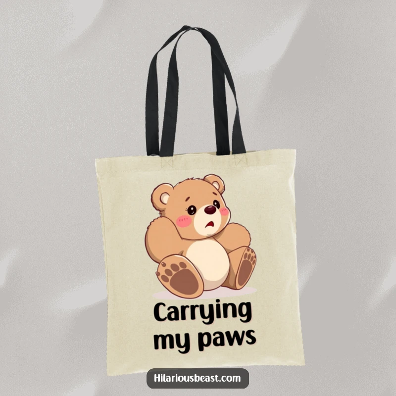 Funny small bear cub tripping over large paws, looking bewildered, durable tote bag, perfect for carrying groceries with a comical flair.