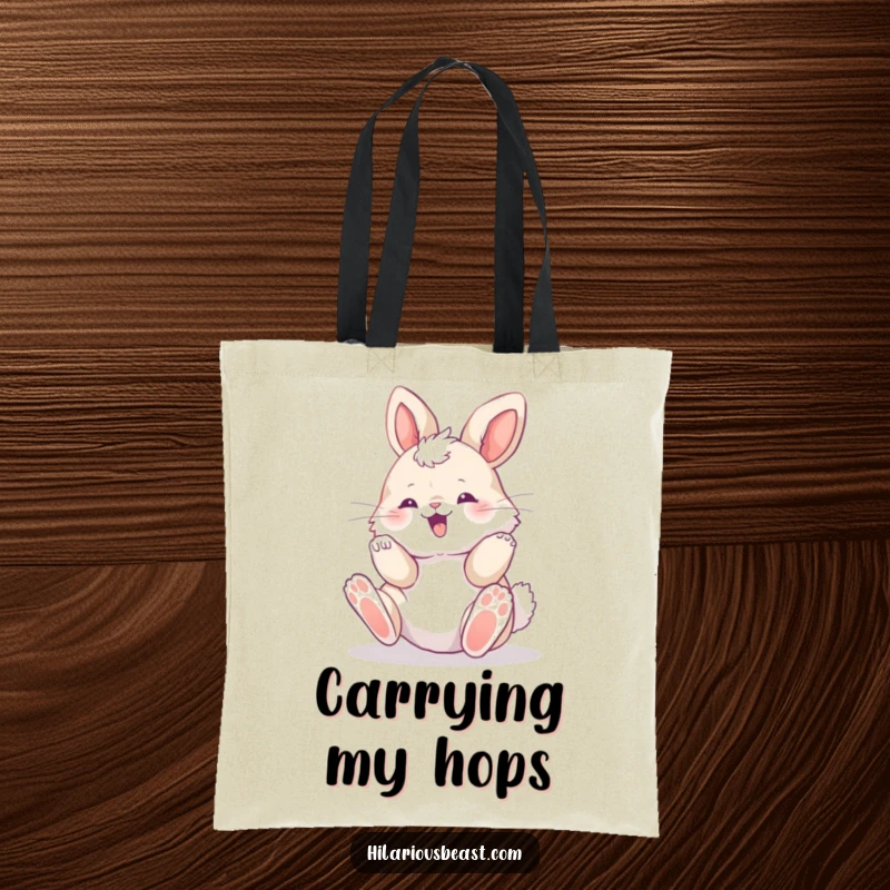 Funny fluffy bunny cub rolling with pure delight, paws in the air, durable tote bag, perfect for carrying groceries with a smile.