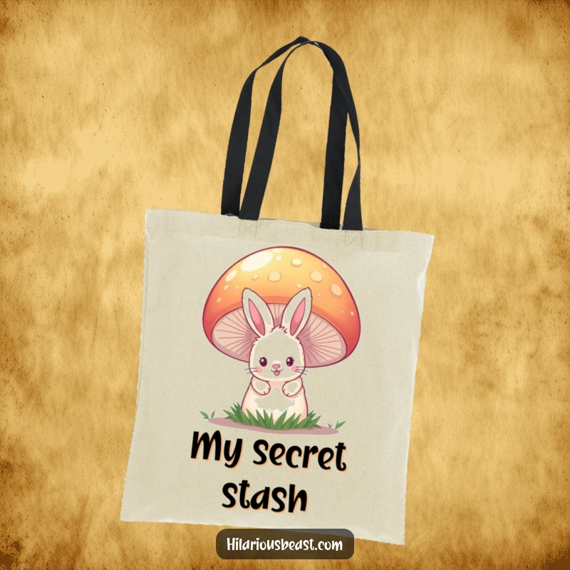 Funny tote bag design with a cute bunny peeking out from behind a massive, psychedelic mushroom, perfect for a whimsical gift.