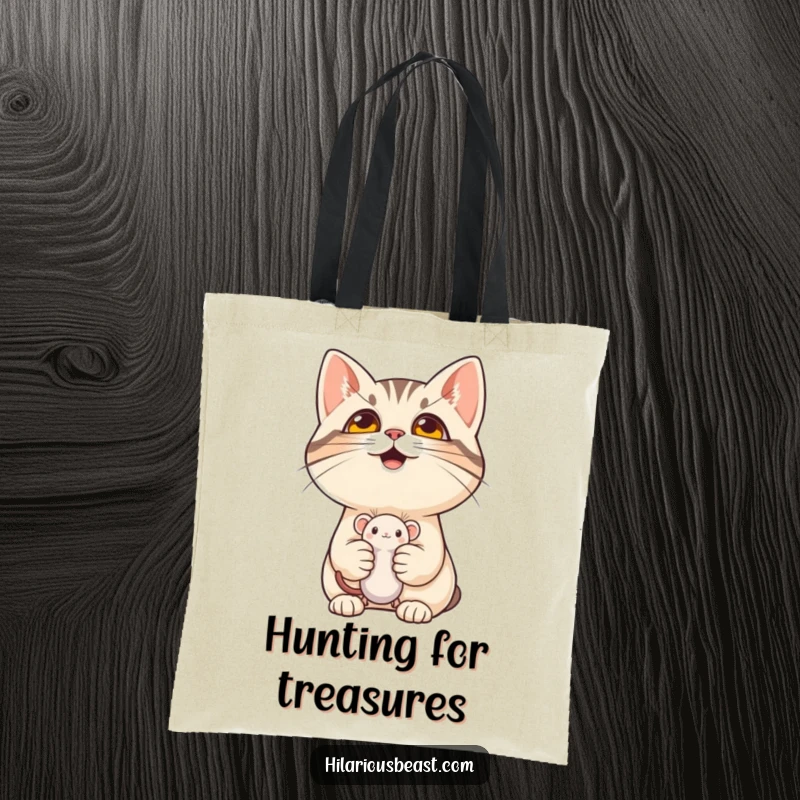 Funny cat holding a mouse toy with a mischievous grin on a tote bag, perfect for playful humor and a funny gift.