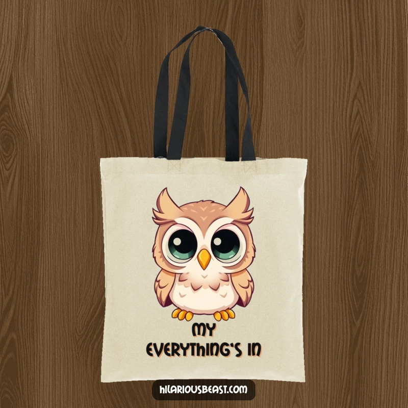 Funny tote bag with a curious owl having enormous eyes, looking comically surprised, perfect for carrying items with style.
