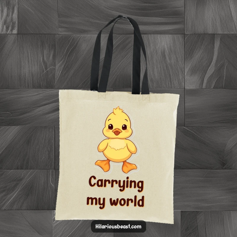 Funny duckling tote bag designed with a waddling duckling and its huge feet, perfect for shopping and carrying humor. Great for eco-conscious and funny gift seekers.