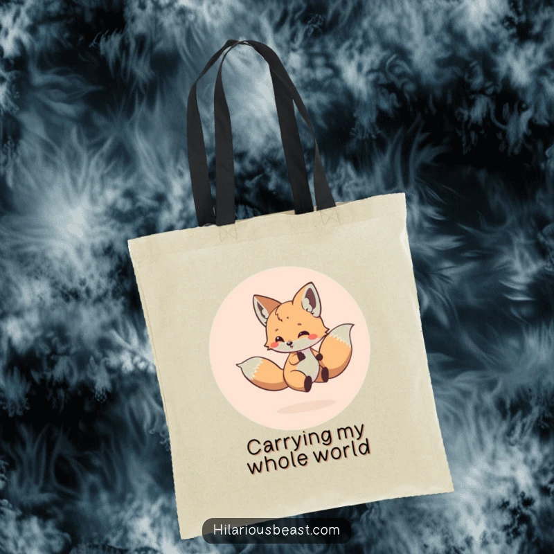 Funny tote bag showcasing a small, round fox cub energetically chasing its own tail in a continuous circle, perfect for a playful gift.
