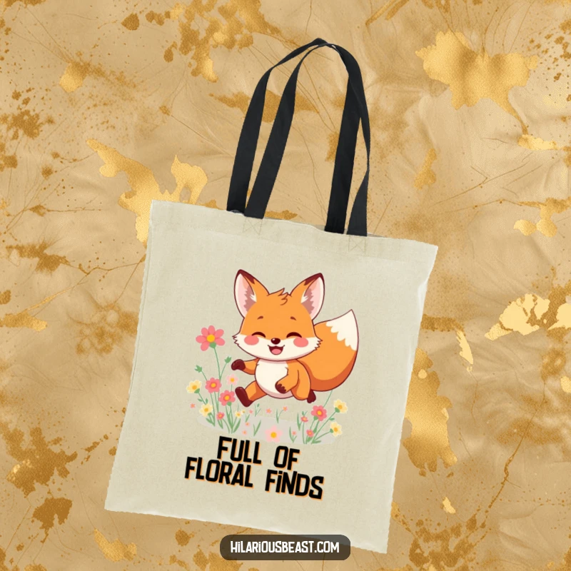 Funny smiling fox tote bag showcasing a character leaping joyfully through a field of flowers, perfect for daily use and spreading nature's humorous cheer.
